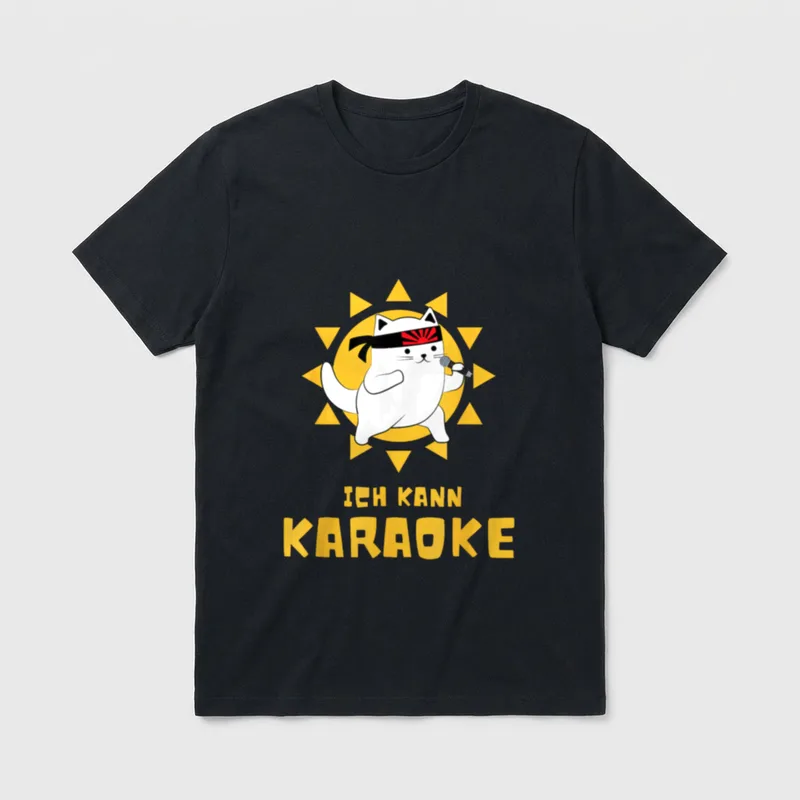 Karaoke Katze mit Mikro T-Shirt – Katze mit Stirnband und Mikro, Spruch „Ich kann Karaoke“ – Klassisches T-Shirt in Schwarz