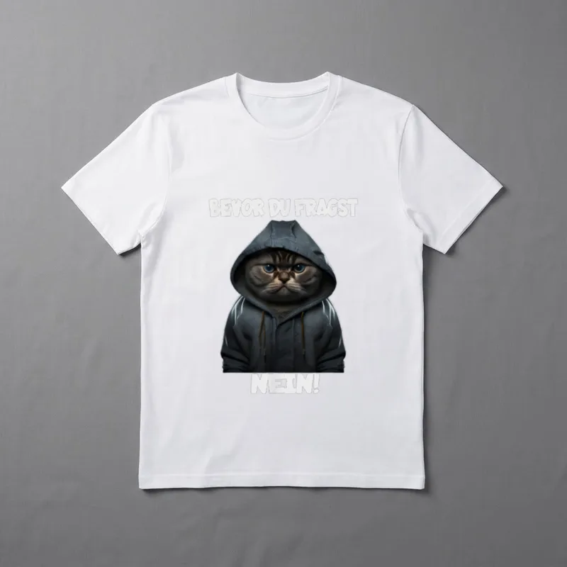 Witzige Katze T-Shirt – Katze in Kapuze, Schriftzug BEVOR DU FRAGST NEIN! – Klassisches T-Shirt in Schwarz