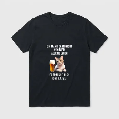 Lustiger Katzen Bier Spruch T-Shirt – Kater neben Bierglas mit Spruch über Männer und Katzen – Klassisches T-Shirt in Schwarz