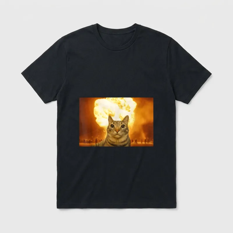 Lustige Katze Explosion Meme T-Shirt – Getigerte Katze mit großen Augen vor Explosion – Klassisches T-Shirt in Schwarz