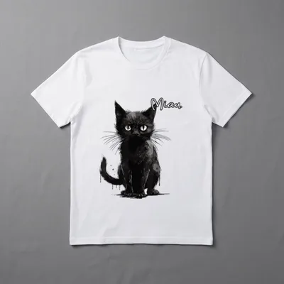lustige Katze Miau T-Shirt – Schwarzes Kätzchen im Skizzenstil mit weißem Text „Miau.“ – Klassisches T-Shirt in Schwarz