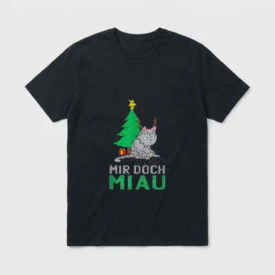 Mir Doch Miau Mir T-Shirt – Katze mit Geweih und Lichterkette, Schriftzug Mir Doch Miau – Klassisches T-Shirt in Schwarz