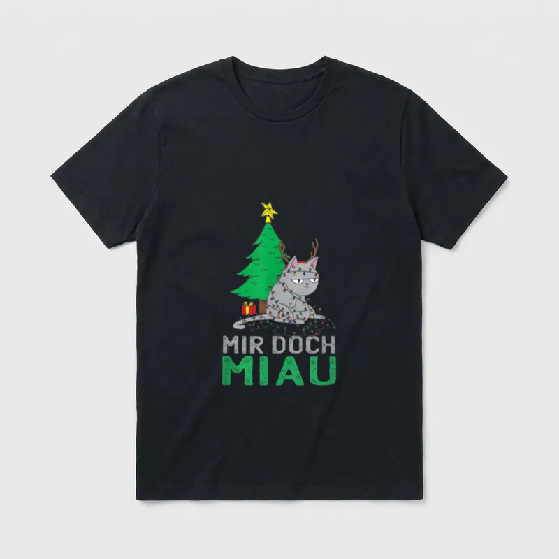 Mir Doch Miau Mir T-Shirt – Katze mit Geweih und Lichterkette, Schriftzug Mir Doch Miau – Klassisches T-Shirt in Schwarz