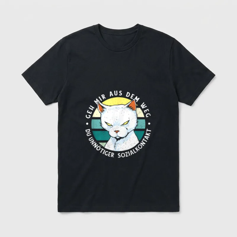 Geh mir Katzen T-Shirt – Weiße Katze mit Spruch „Geh mir aus dem Weg“ im Retrokreis – Klassisches T-Shirt in Schwarz