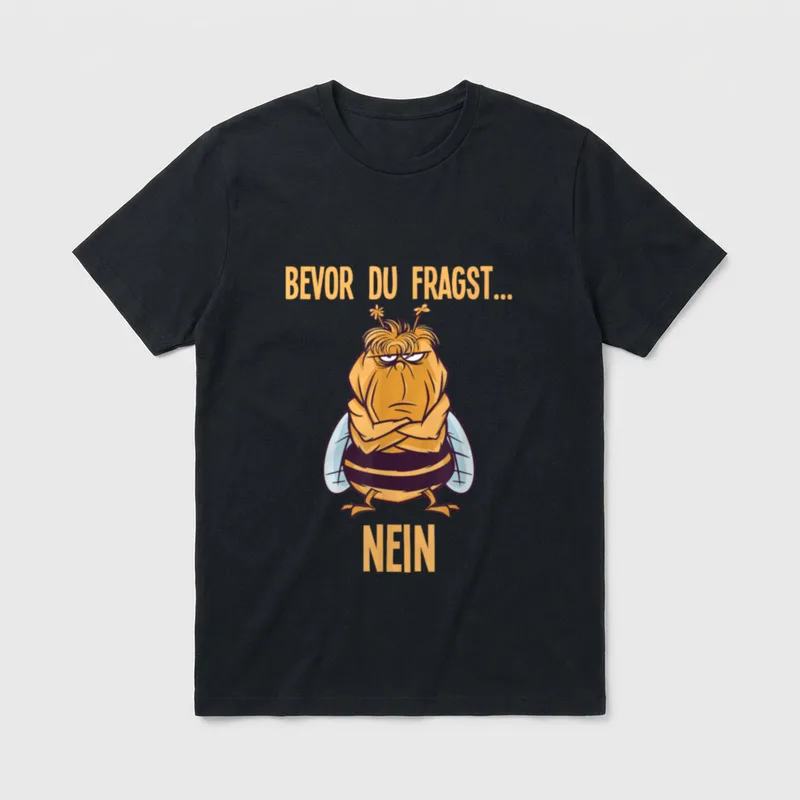 Spruch Witzige Biene Hummel T-Shirt – Mürrische Biene mit Spruch „Bevor du fragst... Nein“ – Klassisches T-Shirt in Schwarz