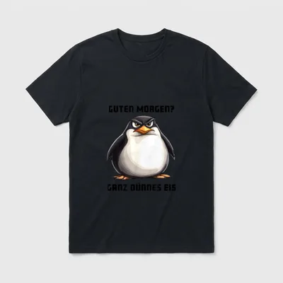 Ganz dünn T-Shirt – Böser Pinguin mit Text Guten Morgen ganz dünnes Eis – Klassisches T-Shirt in Schwarz