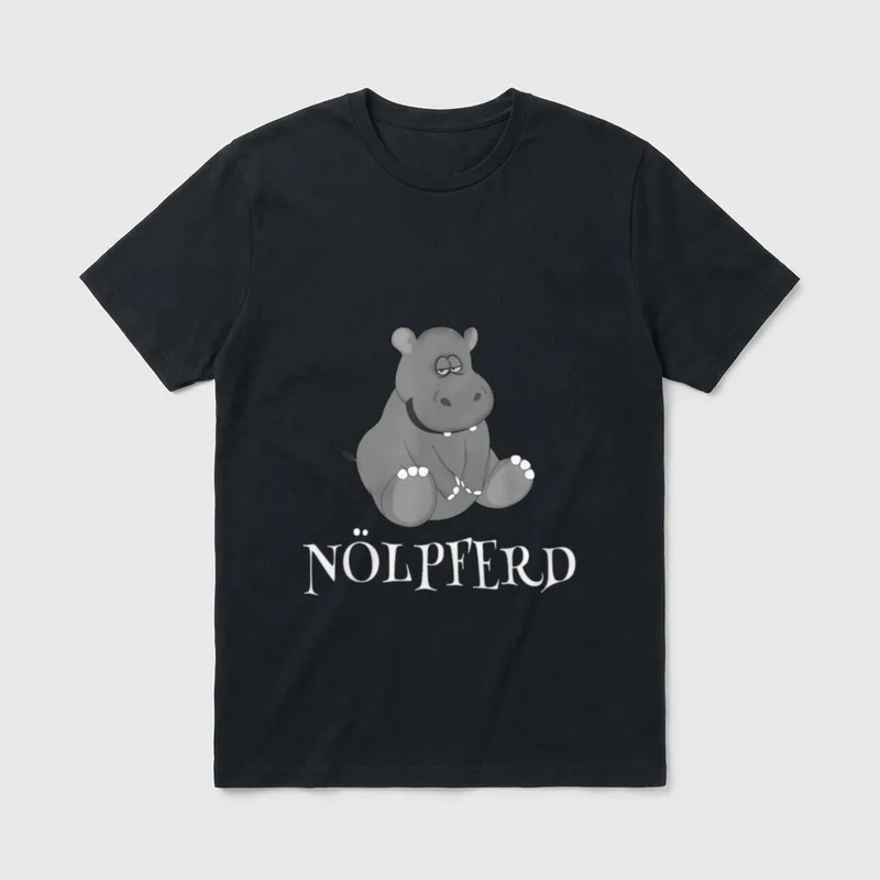 Ähm Nö Nein Spruch Drama T-Shirt – Müdes Nilpferd sitzend, Schriftzug „Nölpferd“ – Klassisches T-Shirt in Schwarz