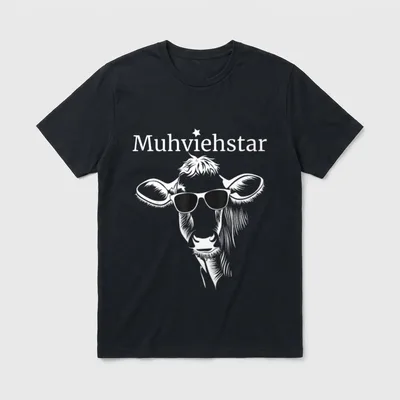 Traktor T-Shirt Männer – Kuhkopf mit Sonnenbrille und Schriftzug Muhviehstar – Klassisches T-Shirt in Schwarz