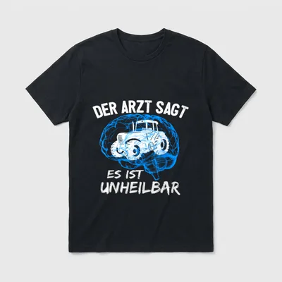 T-Shirt mit Traktor Sprüchen – Gehirn aus Linien mit Traktor, Spruch „Es ist unheilbar“ – Klassisches T-Shirt in Schwarz