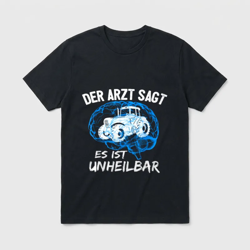 T-Shirt mit Traktor Sprüchen – Gehirn aus Linien mit Traktor, Spruch „Es ist unheilbar“ – Klassisches T-Shirt in Schwarz