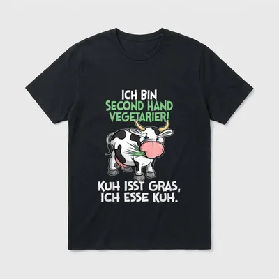 Landwirt T-Shirt Sprüche – Kuh mit Gras im Maul, Spruch Second Hand Vegetarier – Klassisches T-Shirt in Schwarz