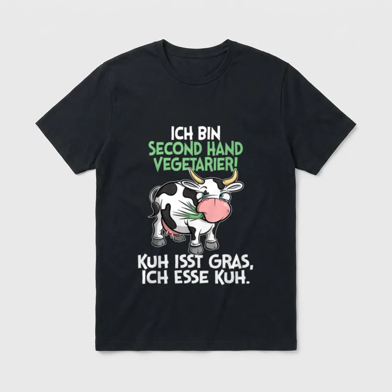 Landwirt T-Shirt Sprüche – Kuh mit Gras im Maul, Spruch Second Hand Vegetarier – Klassisches T-Shirt in Schwarz