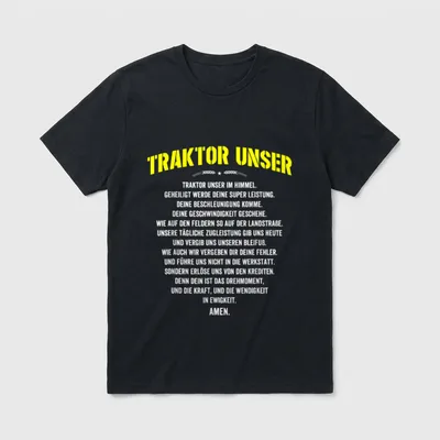 T-Shirt mit Traktor Motiv – Schriftzug „Traktor unser“ mit Gebetsparodie auf grauem Shirt – Klassisches T-Shirt in Schwarz