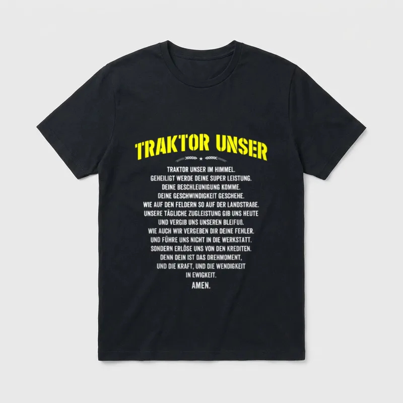 T-Shirt mit Traktor Motiv – Schriftzug „Traktor unser“ mit Gebetsparodie auf grauem Shirt – Klassisches T-Shirt in Schwarz