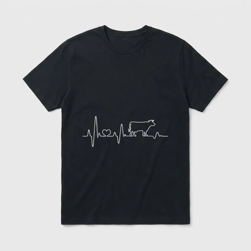 T-Shirt Herzschlag Traktor – EKG-Linie mit Herz und Kuh-Silhouette – Klassisches T-Shirt in Schwarz