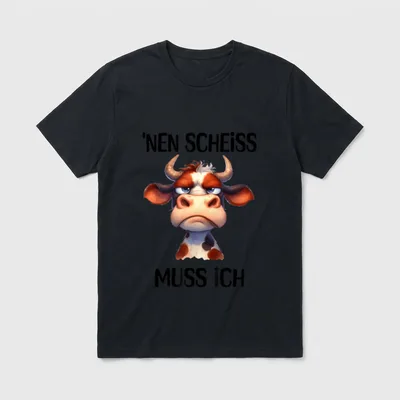 Lustige Kuh mit frechem T-Shirt – Grimmige Kuh mit Spruch „'Nen Scheiss muss ich“ – Klassisches T-Shirt in Schwarz