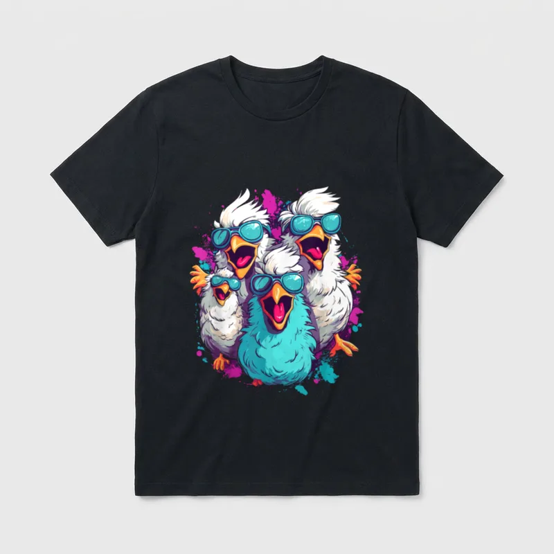 Hühner Huhn Landwirt Lustig T-Shirt – Vier Comic-Hühner mit Sonnenbrillen vor Farbspritzern – Klassisches T-Shirt in Schwarz