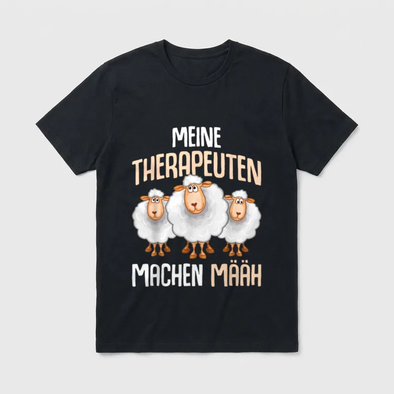 Schaf lustige Sprüche Schäfer T-Shirt – Drei Schafe, Spruch „Meine Therapeuten machen määh“ – Klassisches T-Shirt in Schwarz