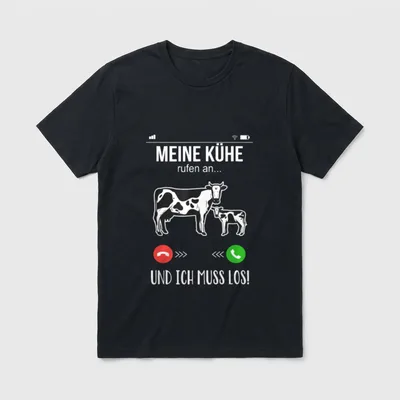 Landwirt Bauer Meine Kühe T-Shirt – Anrufbildschirm, Kuh mit Kalb, „Meine Kühe rufen an“ – Klassisches T-Shirt in Schwarz