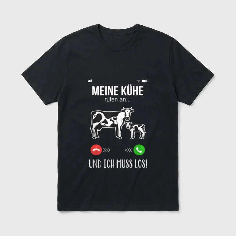 Landwirt Bauer Meine Kühe T-Shirt – Anrufbildschirm, Kuh mit Kalb, „Meine Kühe rufen an“ – Klassisches T-Shirt in Schwarz