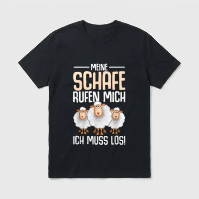 Schaf Spruch Lustig Schäfer T-Shirt – Drei Cartoon-Schafe, Spruch „Meine Schafe rufen mich“ – Klassisches T-Shirt in Schwarz