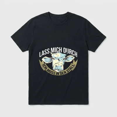 Bauernspruch ich muss T-Shirt – Kuhkopf mit Spruch „Lass mich durch, ich muss in den Stall“ – Klassisches T-Shirt in Schwarz
