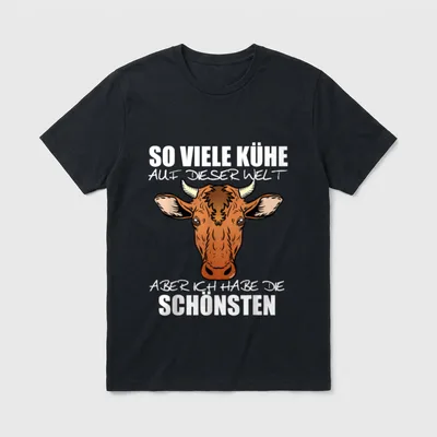 Kuh Kühe Landwirtschaft Landwirt T-Shirt – Kuhkopf mit Hörnern, Spruch über die schönste Kuh – Klassisches T-Shirt in Schwarz