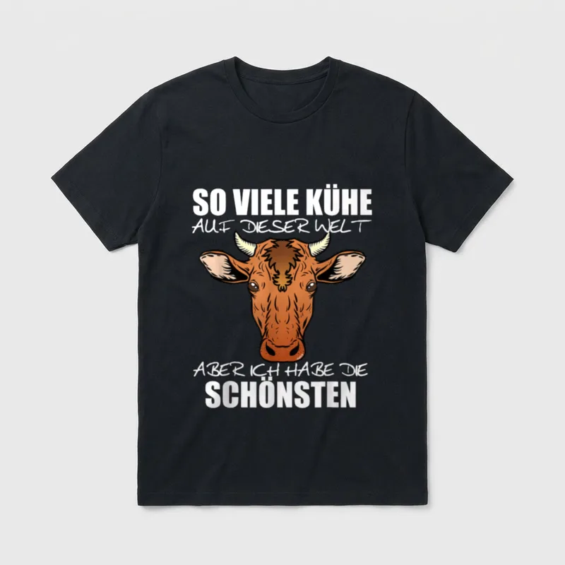 Kuh Kühe Landwirtschaft Landwirt T-Shirt – Kuhkopf mit Hörnern, Spruch über die schönste Kuh – Klassisches T-Shirt in Schwarz