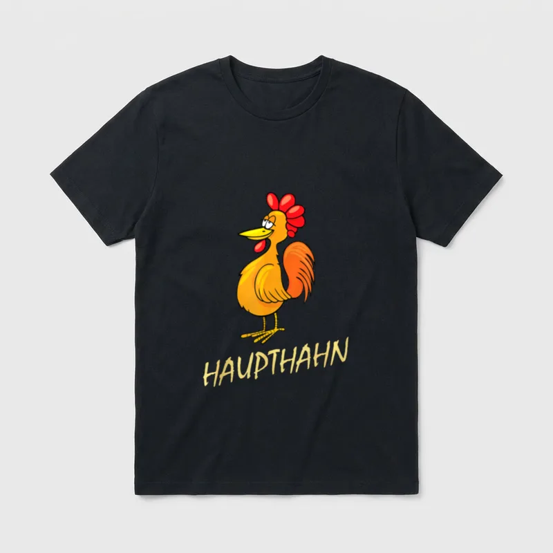 Hühner Haupthahn lustiger Spruch T-Shirt – Comic-Hahn mit rotem Kamm, Schriftzug HAUPTHAHN – Klassisches T-Shirt in Schwarz