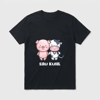 Sau Kuhl Schwein Kuh T-Shirt – Rosa Schwein und Kuh im Kawaii-Stil mit Schriftzug „Sau Kuhl“ – Klassisches T-Shirt in Schwarz