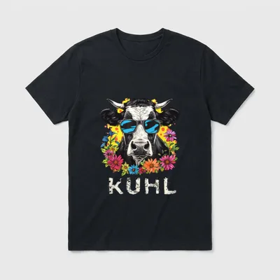 Kuhl Kuh Kostüm Deko T-Shirt – Kuh mit Sonnenbrille, Blumenkranz, Schriftzug KUHL – Klassisches T-Shirt in Schwarz