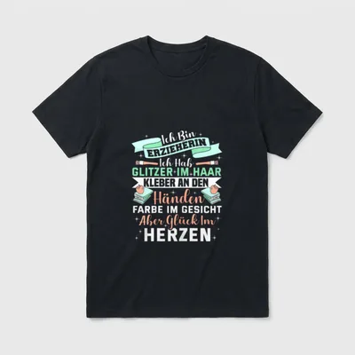 T-Shirt Spruch Erzieher – Schriftzug „Ich Bin Erzieherin“ mit Pinseln, Büchern, Apfel, Herz – Klassisches T-Shirt in Schwarz