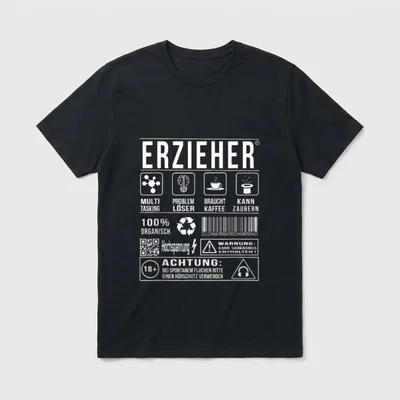 Erzieher T-Shirt Sprüche – Etikett-Design ERZIEHER mit Symbolen und Warnhinweisen – Klassisches T-Shirt in Schwarz