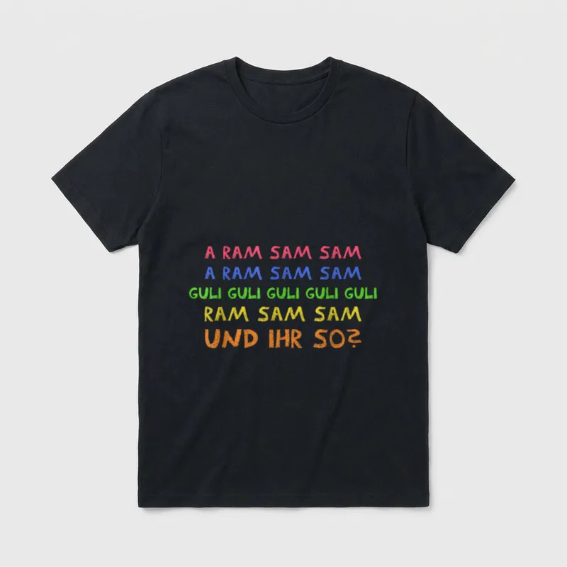 Lustige Kita Sprüche Aramsamsam T-Shirt – Bunte Zeilen „A Ram Sam Sam“ und „Und ihr so?“ – Klassisches T-Shirt in Schwarz