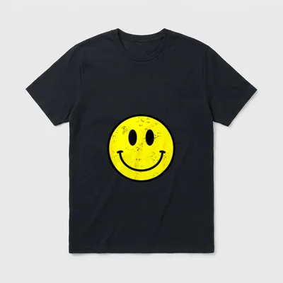 Retro 70er 80er Jahre T-Shirt – Gelbes Smiley-Gesicht im Vintage-Used-Look auf grauem Grund – Klassisches T-Shirt in Schwarz