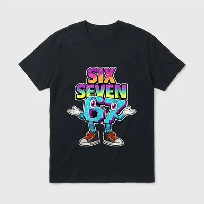 Six Seven 67 Meme T-Shirt – Cartoonfigur aus Ziffern 67 mit Sneakern unter „Six Seven“ – Klassisches T-Shirt in Schwarz