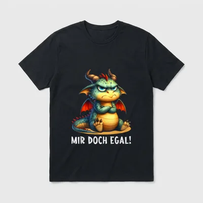 Mir Doch Egal Drachen T-Shirt – Sitzender Drache mit Hörnern, Schriftzug „Mir doch egal!“ – Klassisches T-Shirt in Schwarz