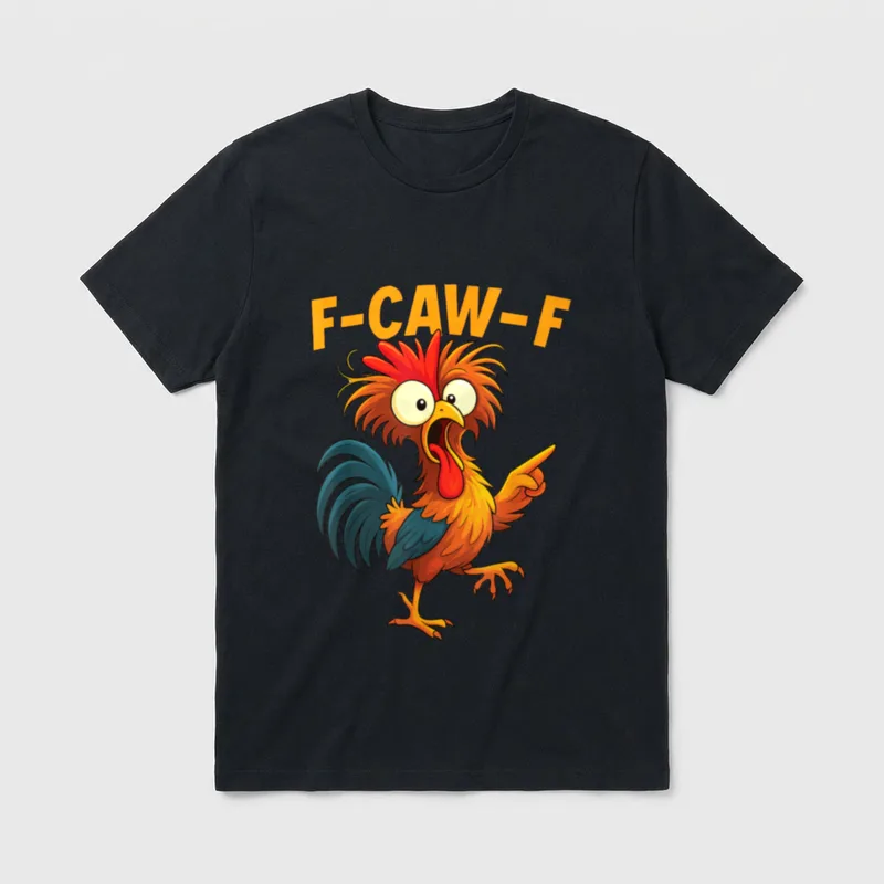 F Caw F Rooster T-Shirt – Schreiender Comic-Hahn mit Schriftzug „F-CAW-F“ – Klassisches T-Shirt in Schwarz