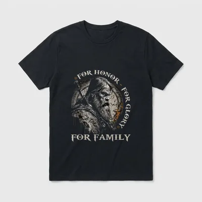 T-Shirt Sprüche Familie – Wikinger-Krieger mit Schriftzug „For Honor For Glory For Family“ – Klassisches T-Shirt in Schwarz