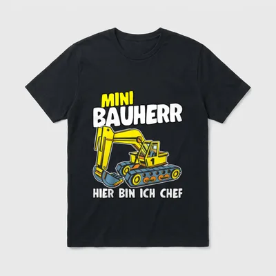 Mini Bauherr Bagger Sohn T-Shirt – Gelber Bagger mit Text „Mini Bauherr Hier bin ich Chef“ – Klassisches T-Shirt in Schwarz