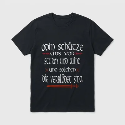 Odin Schütze Uns Vor T-Shirt – Schriftzug Odin schütze uns vor Sturm und Wind mit Schwert – Klassisches T-Shirt in Schwarz