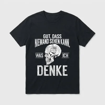 Gut dass niemand sehen T-Shirt – Totenkopf mit erhobenem Mittelfinger und Schriftzug „DENKE“ – Klassisches T-Shirt in Schwarz