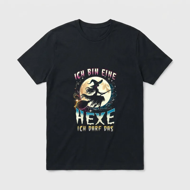 Ich Bin Eine Hexe T-Shirt – Hexe auf Besen vor Vollmond, Schriftzug Ich Darf Das – Klassisches T-Shirt in Schwarz