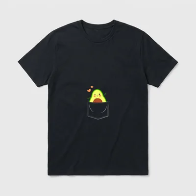 Avocado in Brusttasche Veganer T-Shirt – Winkende Avocado mit Herzen in grauer Brusttasche – Klassisches T-Shirt in Schwarz