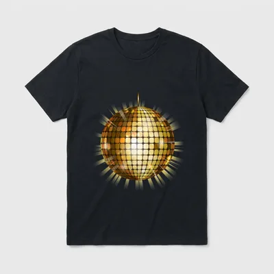 Mirror Ball Cool Lustiges T-Shirt – Goldene Discokugel mit Lichtstrahlen auf grauem Grund – Klassisches T-Shirt in Schwarz
