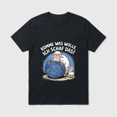 Lustiges Strickmotiv Komme was T-Shirt – Schaf hält Nadeln und blauen Wolleballen mit Spruch – Klassisches T-Shirt in Schwarz