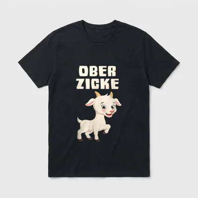 Ober Zicke Lustiges Zicken T-Shirt – Schriftzug „Ober Zicke“ über lächelndem Ziegenkitz – Klassisches T-Shirt in Schwarz