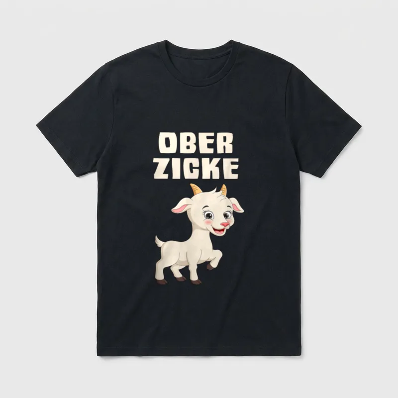Ober Zicke Lustiges Zicken T-Shirt – Schriftzug „Ober Zicke“ über lächelndem Ziegenkitz – Klassisches T-Shirt in Schwarz