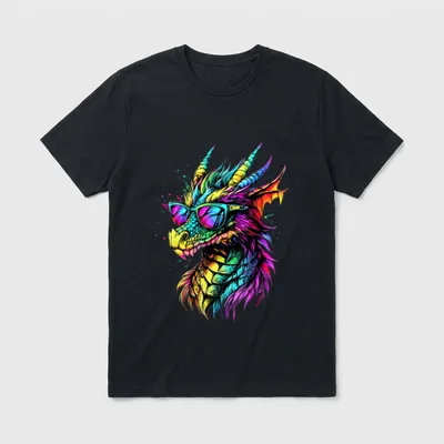 Drache Fabelwesen Ich Liebe T-Shirt – Drachenkopf mit Sonnenbrille in Neonfarben – Klassisches T-Shirt in Schwarz
