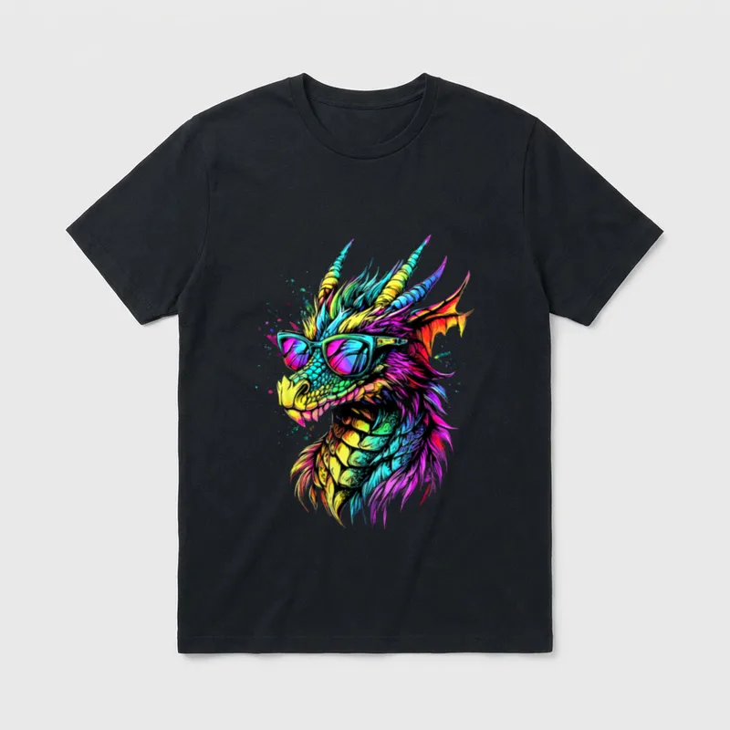 Drache Fabelwesen Ich Liebe T-Shirt – Drachenkopf mit Sonnenbrille in Neonfarben – Klassisches T-Shirt in Schwarz